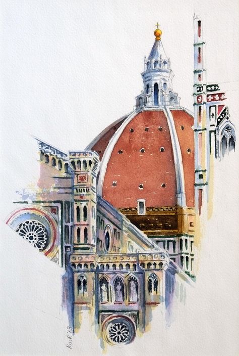 360. Duomo, Florence. | by Ros Ridley Florence Italy Drawing, Firenze Painting, Florence Illustration, Florence Watercolor, Italy Illustration Art, Florence Painting, Florence Italy Art, Italy Watercolor, Sketches Fashion