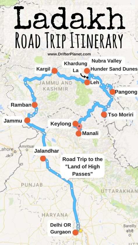 Ladakh Road Trip Itinerary Map - Delhi - Gurgaon - Jammu - Ramban - Kargil - Khardungla - Leh - Nubra Valley - Hunder - Pangong - Tso Moriri - Keylong - Manali Nubra Valley, Travel India Beautiful Places, Road Trip Playlist, India Travel Places, Road Trip Map, India Travel Guide, Travel Infographic, Holiday Travel Destinations, Adventure Travel Explore