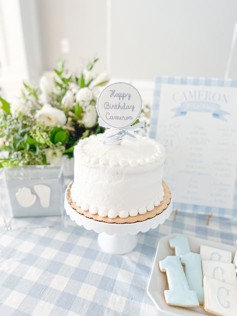 Blue And White Gingham First Birthday, Blue Gingham 1st Birthday, Blue And White First Birthday Cake, Blue Gingham First Birthday, Grandmillenial First Birthday, Classic Blue And White First Birthday, First Birthday Cake Boy Simple, Classic First Birthday Boy, First Baby Boy Birthday Themes