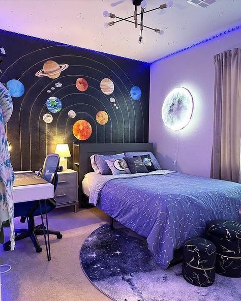 Pin this for out-of-this-world bedroom decor ideas! Transform your space with these stellar designs that will take your room to the next galaxy. #SpaceBedroom #RoomMakeover #HomeDecorIdeas Outer Space Photos, Space Age Furniture, Circular Ceiling Light, Space Themed Bedroom, Ikea Living Room, Aesthetic Bedroom Ideas, Space Bedding, Dream Bedroom Inspiration, Futuristic Furniture