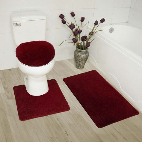 Mk Home Collection 3 Piece Bathroom Rug Set Bath Rug, Contour Mat and Lid Cover Non-Slip with Rubber Backing Solid Burgundy New Red Bathroom Rugs, Burgundy Bathroom, Toilet Seat Lid Cover, 3 Piece Bathroom, Bathroom Rug Set, Washable Bathroom Rugs, Bathroom Mat Sets, Bathroom Red, Bathroom Bath Mats