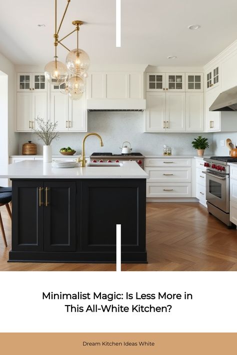 Minimalist white kitchen with sleek cabinets and waterfall island White Kitchen Timeless, Kitchen Ideas White Cabinets, Minimalist White Kitchen, Dream Kitchen White, White Kitchen Inspiration, Modern White Kitchen, White Kitchen Ideas, White Kitchen Backsplash, Cabin Retreat