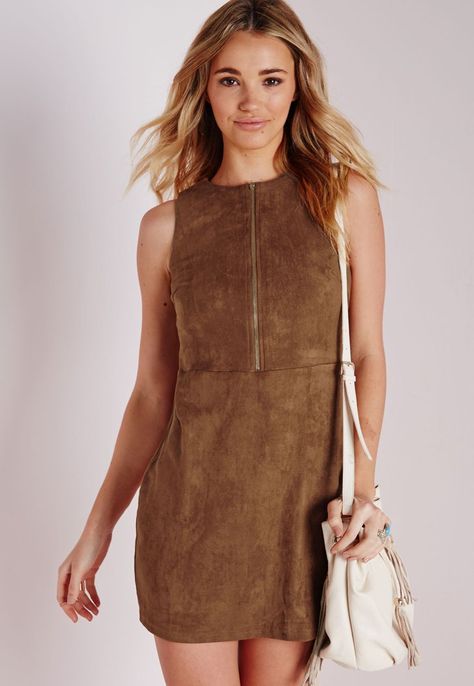 Pin for Later: The 1 Winter Staple Katie Holmes Just Made Cool Again  Missguided Faux Suede Zip Front Shift Dress ($43) French Capsule Wardrobe, Suede Outfit, Latest Dress Design, Shift Dresses, Tan Dresses, New Dresses, Suede Dress, Crop Top Outfits, Dresses Uk