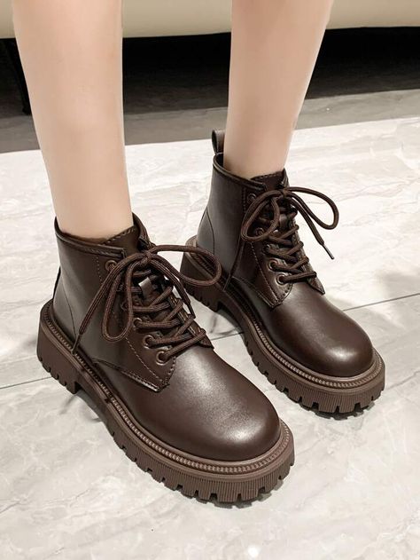 Korean Shoes, Brown Combat Boots, Group Outfits, Style Aesthetics, Women Ankle Boots, Brown Tie, Womens Combat Boots, Lace Up Combat Boots, Coffee Brown