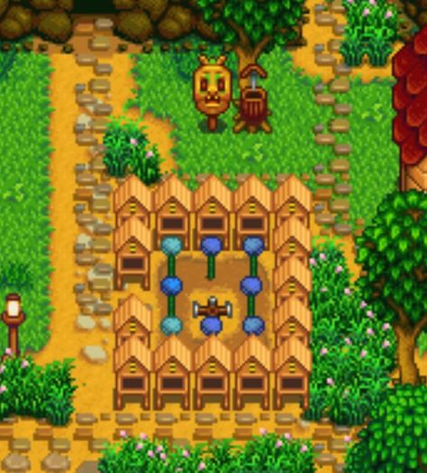 Bee Hive Stardew Valley, Stardew Valley Bee Hive Layout, Stardew Honey Farm, Honey Stardew Valley, Bee House Stardew, Stardew Valley Honey Farm, Stardew Honey Layout, Beehive Stardew Valley, Bee House Stardew Valley