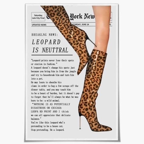 PRICES MAY VARY. Vintage Newspaper York Trendy Times Leopard Boots Poster Retro Black And White Bar Cart Magazine Cover Aesthetic Preppy Dorm DecorWall Art：Vintage Newspaper York Trendy Times Leopard Boots Poster Retro Black And White Bar Cart Magazine Cover Aesthetic Preppy Dorm Decorpictures wall decor Poster Measuring at 08x10/12x16/16x24/24x36/ inches You can choose canvas unframed wooden frame mounting or black frame mounting with advanced modern decoration. Vintage Newspaper York Trendy Ti Vintage Magazine Posters, Vogue Art Print, Magazine Cover Wall Decor, Vintage Pictures For Wall Collage, Vogue Wall Decor, Cheetah Print Living Room Decor, Handmade Art Gifts, Brown And White Home Decor, Poster For Room Aesthetic