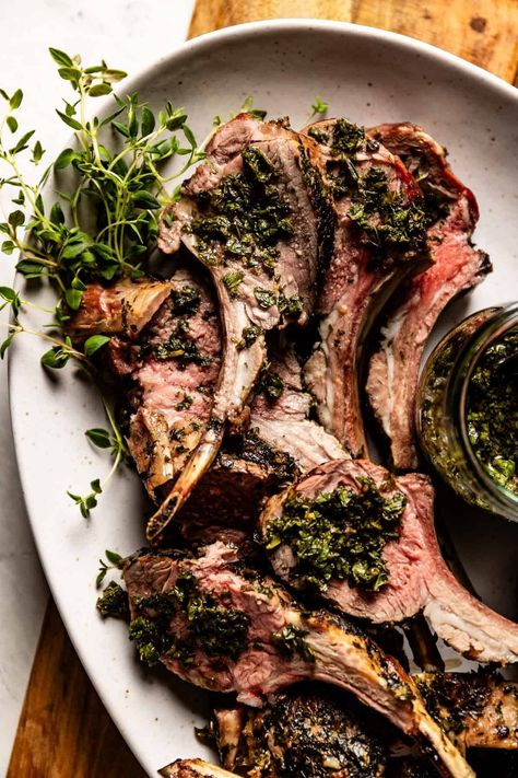 Grilled rack of lamb with garlic herb crust is an easy BBQ recipe that is guaranteed to please. Lamb Marinade, Bbq Lamb, Easy Bbq Recipes, Easy Marinades, Bbq Recipe, Pasta Side Dishes, Grill Rack, Mint Sauce, Rack Of Lamb