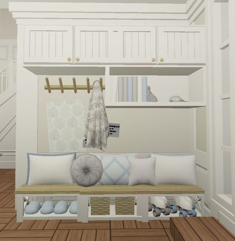 Bloxburg Coastal Beach House Interior, Living Room Bloxburg Coastal, Cute Bloxburg Entry Way, Beach House Exterior Bloxburg Layout, Coastal Bedrooms Master Bloxburg, Bloxburg Shoe Rack Ideas, Entry Room Bloxburg, Mudroom Bloxburg Ideas, Bloxburg House Coastal Ideas