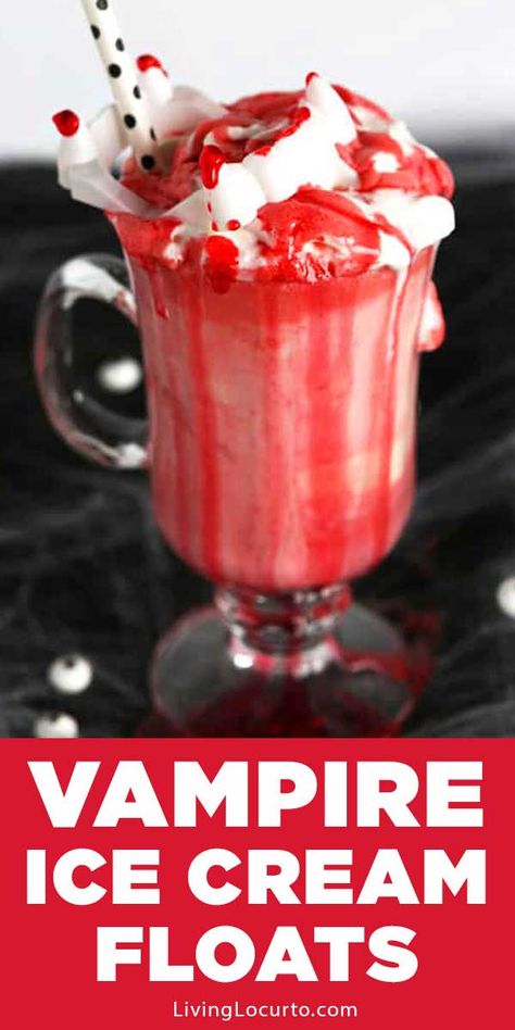 Make easy Vampire Ice Cream Floats for a creepy and cute Halloween party drink recipe. Perfect frozen dessert for both kids and adults! #halloween #drinks #icecream #vampirediaries Ice Cream Float Recipes, Halloween Ice Cream, Halloween Drink, Recipe Strawberry, Coctails Recipes, Vampire Halloween, Ice Cream Floats, White Hot Chocolate, Strawberry Syrup