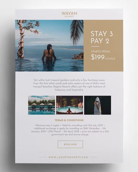 Hotel Resorts Flyer Template PSD, INDD Hotel Marketing Design, Hotel Ads, Promo Flyer, Holiday Flyer Template, Mailer Design, Hotel Marketing, Real Estate Marketing Design, Banner Design Inspiration, Graphic Design Infographic