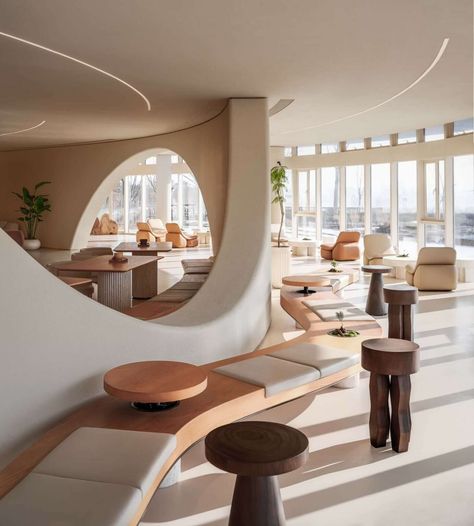 M²coffee & Sweet is A Cave-Inspired Cafe Combining Organic Elements and Modernity - D5 Design Magazine Hotels Portugal, Pavilion Design, Organic Elements, Curved Walls, Design Magazine, Office Interior, Sustainable Architecture, Abandoned Houses, Cafe Design