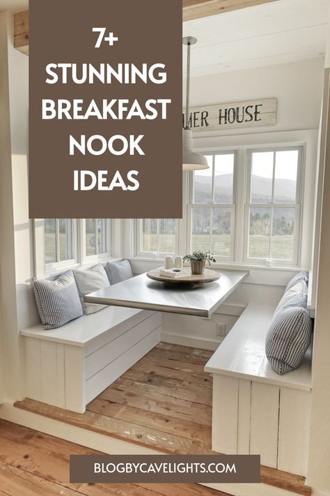 Cozy breakfast nook with built-in seating, throw pillows, and a mountain view. Nook Sitting Area, Breakfast Nook Sitting Area, Nook Design Ideas, Breakfast Nook Decor, Small Porch Ideas, Breakfast Nook Bench, White Built Ins, Nook Inspiration, Nook Design