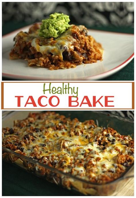 Healthy taco casserole tastes just like nachos! This is one of our go-to easy dinners. (Weight watchers friendly) Healthy Taco Bake, Healthy Taco, Ground Chicken Recipes, Taco Bake, Healthy Tacos, Healthy Casseroles, Taco Casserole, Ground Turkey Recipes, Healthy Delicious