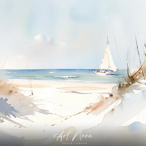 Tranquil Artwork, Whimsical Art Paintings, Watercolor Beach, Beach Watercolor, Watercolor Landscape Paintings, Clear Sky, By The Beach, Pastel Colours, Sand Dunes