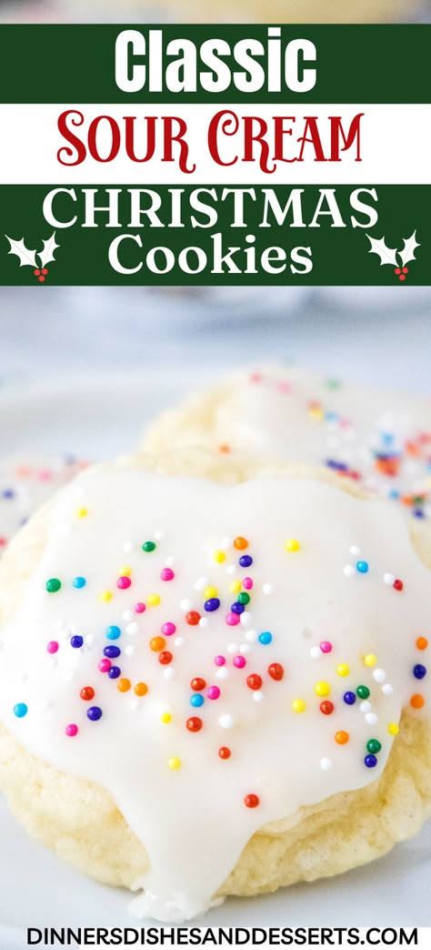 Sour Cream Cookies – soft and fluffy old fashioned sour cream sugar cookies topped with a vanilla glaze. Great for the holidays or anytime, just decorate with your favorite sprinkles. #christmascookies #christmasdesserts #christmasrecipes Sour Cream Drop Sugar Cookies, Sour Cream Uses Cooking, Cookies With Sour Cream In Them, Sour Cream Christmas Cookies, Sugar Free Cookies Christmas, Soft Sour Cream Sugar Cookies, Sour Cream Cookies Old Fashioned, Uses For Sour Cream, Sour Cream Dessert Recipes