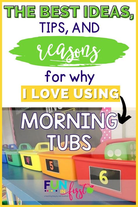 If you've thought about trying morning tubs in your kindergarten, 1st grade, or 2nd grade classroom, then this blog post is for you! Morning tubs are one of my favorite parts of my classroom morning routine! Read my post to learn more about the resources I put in the tubs, management tips and rules, plus more! 1st Grade Morning Routine, Morning Routine Classroom, First Grade Organization, Classroom Morning Routine, Kindergarten Classrooms, Classroom Routines And Procedures, Morning Tubs, Special Education Elementary, Classroom Routines