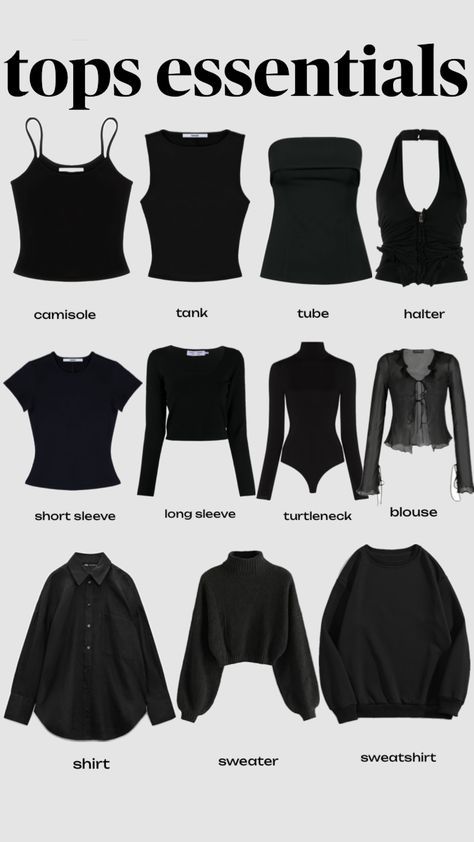 #tops #essentials #closetessentials #daayiim Outfit Categories, Top Guide Women, Cheap Trendy Black Cropped Shirt, Edgy Wardrobe Essentials, Shirt Essentials, Closet Essentials Aesthetic, Outfit Descriptions Writing, Pants Essentials, Black Basic Outfit