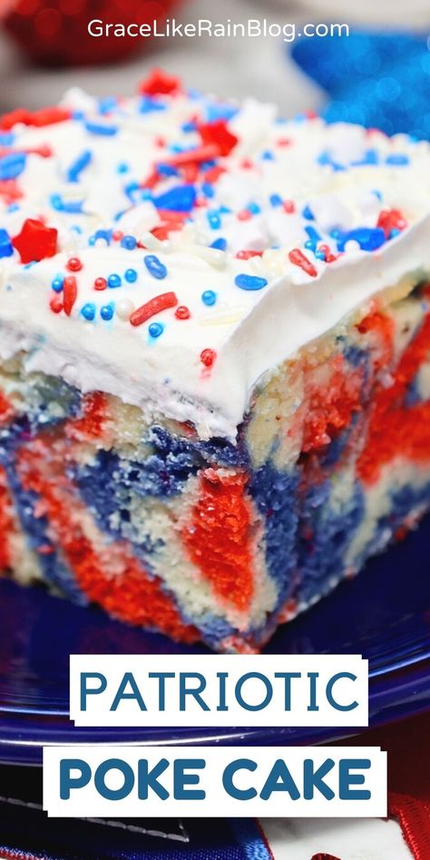 This Patriotic Poke Cake is the ideal dessert for Memorial Day or the Fourth of July. Your taste senses will be delighted by the brilliant and beautiful red, white, and blue cake with the cheesecake topping. Garnish it with red, white, and blue sprinkles to give it a festive look. Perfect to make ahead, too! Patriotic Poke Cake, Patriotic Cake Pops, Red White And Blue Cake, Cheesecake Topping, Memorial Day Desserts, Blue Sprinkles, Patriotic Cake, Fourth Of July Cakes, Cake Mix Ingredients