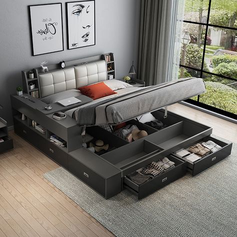 Simple Tv Unit, Bed 2023, Simple Tv Unit Design, Murphy Bed Couch, Hydraulic Bed, Men Room Decor, Modern Double Beds, Bedroom Sets Furniture Queen, Unique Bed Design