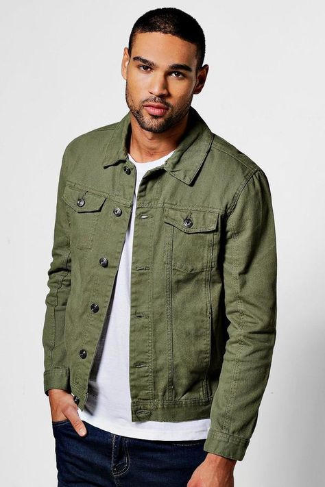 boohoo Khaki 4 Pocket Denim Jacket Olive Denim Jacket Outfit Men, Combat Jacket Outfit Men, Olive Green Denim Jacket Outfit Men, Green Jacket Men Outfits, Green Denim Jacket Outfits Men, Olive Jacket Outfit Men, How To Style Green Jacket, Olive Green Jacket Outfit Men, Green Jacket Outfit Men