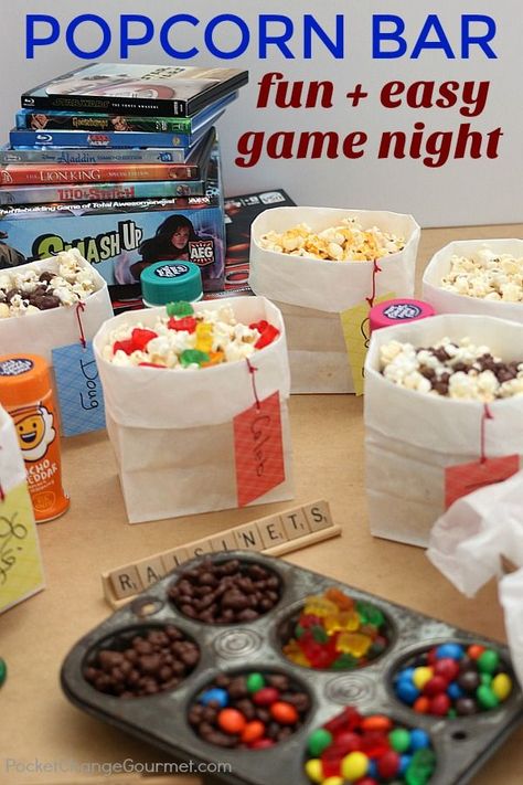 Game Night Snacks For Kids, Movie Night Snack Bar Ideas, Slumber Party Games For Kids, Halloween Family Night Ideas, Movie Night Snacks For Kids, Movie Night Ideas Kids, Movie Night With Kids, Kids Movie Night Ideas, Sleepover Party Themes