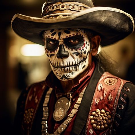 Male Sugar Skull Makeup, Sugar Skull Makeup For Men, Mexican Skull Makeup, Gothic Corset Dresses, Mexican Outfits, Sugar Skull Face Paint, Skull Face Paint, Sugar Skull Face, Weird West