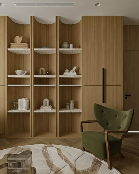 The project 22 - Duong house :: Behance Japandi Crockery Unit, Japandi Shelving, Elemental Design, Display Cabinet Design, Salas Living Room, Chic House, Cabinet Detailing, Japandi Living, Shelf Cabinet