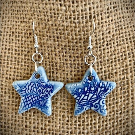 Handcrafted Ceramic Earrings Lightweight Stoneware Handmade Sterling Silver Wire These Gorgeous Earrings Are Handmade By Me From Stoneware Clay. Twice High Fired In A Kiln. With Sterling Silver Wires Lightweight Blue Star Clay Ceramic Handmade Artist Handcrafted Starry Night Stars Blue Swirly Artisan Earrings Beach Summer Spring Classic Boho Artsy Gift Turquoise Jewelry Boho, Artsy Earrings, Ceramic Star, Artsy Gift, Night Stars, Crazy Art, Moroccan Jewelry, Earrings Beach, Handmade Stocking