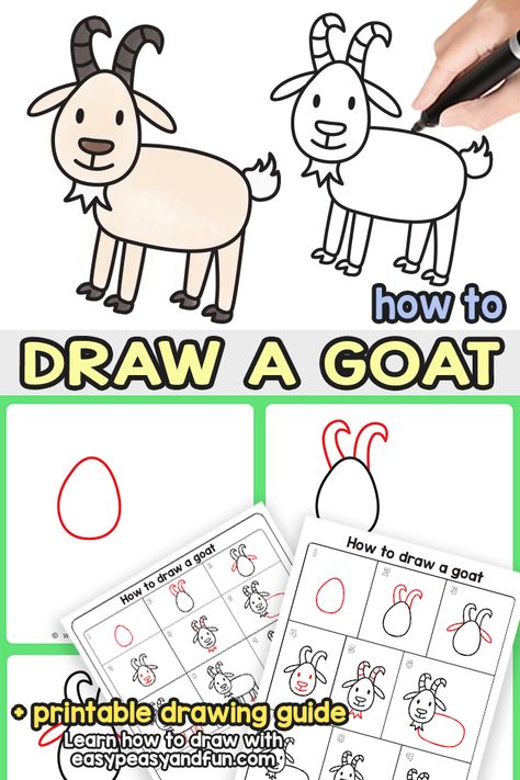 How to Draw a Goat Step by Step Tutorial How To Draw A Goat Step By Step, How To Draw Farm Animals, How To Draw A Goat, Goat Drawing Easy, Draw A Goat, Goat Craft, Goat Drawing, Procreate Designs, Goat Art