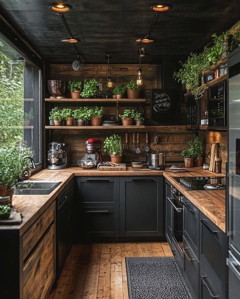 Dark Cottagecore Kitchen, Practical Magic Kitchen, Small Cozy Kitchen, Garage Apartment Interior, Matt Black Kitchen, Magic Kitchen, Cottagecore Kitchen, Indoor Grill, Dark Cottagecore