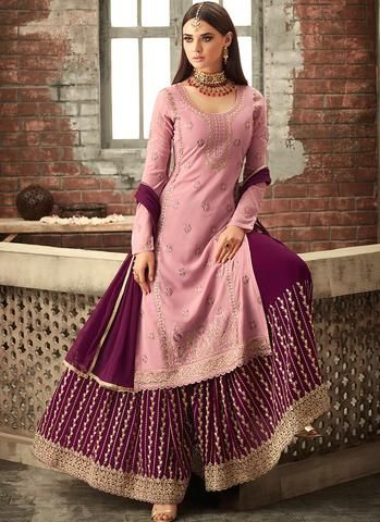 Light Pink and Magenta Embroidered Sharara Suit Purple Green Lehenga, Plazo Style, Long Choli Lehenga, Georgette Tunics, Drashti Dhami, Georgette Lehenga, Lehenga Suit, Gaun Fashion, Designer Suit