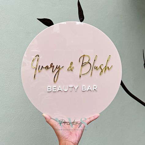 Round business logo sign for your business! #businesssign #roundbusinesssign #logosign #customsignage #custombusinesssign #salonsign #blushpink #acrylic #goldmirroracrylic Acrylic Logo Sign, Business Logo Sign, Acrylic Logo, Office Signage, Commercial Signs, Custom Business Signs, Business Signage, Mirror Sign, Custom Wedding Signs