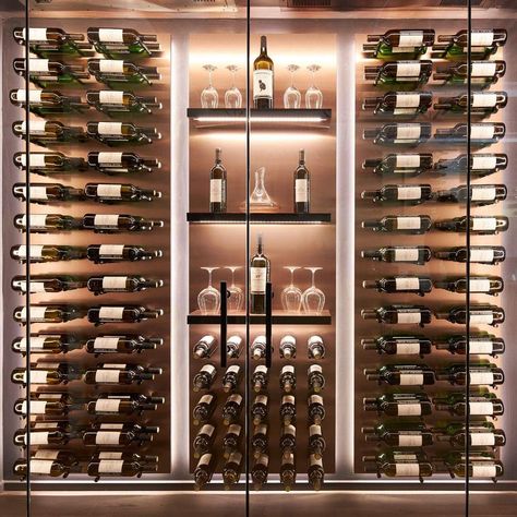 Take a look through our online catalogue of wine storage solutions for small spaces! Shipping throughout Canada and the United States. Wine Wall Display, Wine Cellar Wall, Wine Storage Wall, Wine Room Design, Glass Wine Cellar, Wine Closet, Wine Bottle Storage, Home Wine Cellars, Custom Wine Cellars