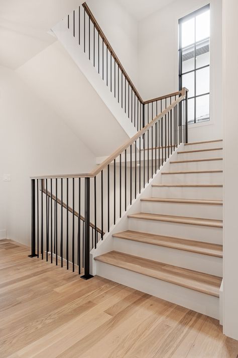 Staircase featuring iron and white oak railing and white oak finished on site flooring Oak Railing, Iron Staircase Railing, Interior Stair Railing, Modern Stair Railing, Iron Staircase, House Staircase, Oak Stairs, Staircase Remodel, Open Staircase