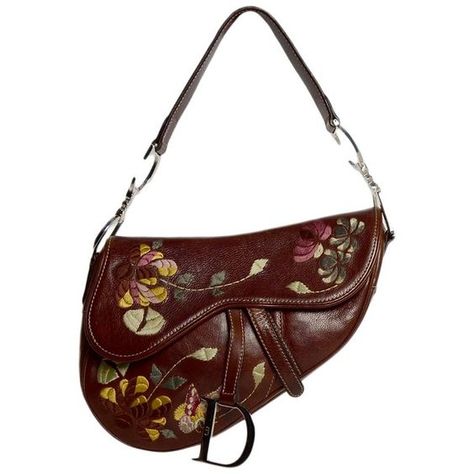 For Sale on 1stdibs - Christian Dior Brown Leather Embroidered Floral Saddle Bag Made In: Italy Color: Brown, yellow, green Hardware: Silvertone Materials: Leather, metal, embroidery Dior Saddle, Black Leather Satchel, Leather Satchel Handbags, Embroidered Leather, Pretty Bags, Embroidered Bag, Saddle Bag, Satchel Handbags, Cute Bags