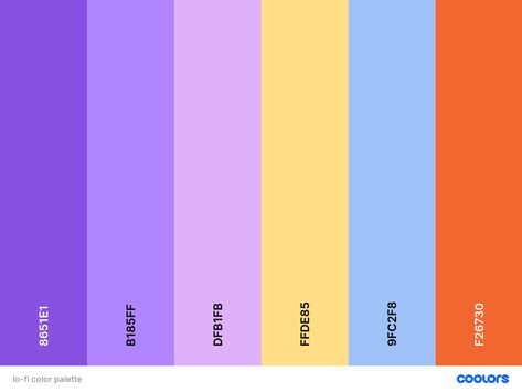 I've never seen lo-fi aesthetic on pinterest. This is the color palette for the fashion. The main colors are purples, light blues and yellow Lo Fi Color Palette, Bluey Cartoon Color Palette, Lo Fi Aesthetic Outfits, Lofi Aesthetic Outfits, Lofi Color Palette, Purple Yellow Color Palette, Purple Yellow Aesthetic, Purple And Yellow Color Palette, Outfit Ideas For School Baddie