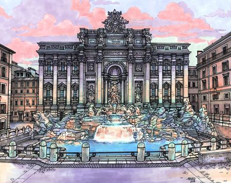 Trevi Fountain Drawing, Fountain Drawing, Instagram Rome, Trevi Fountain Rome, The Trevi Fountain, Pens And Markers, Travel Journal Scrapbook, Soap Carving, Trevi Fountain