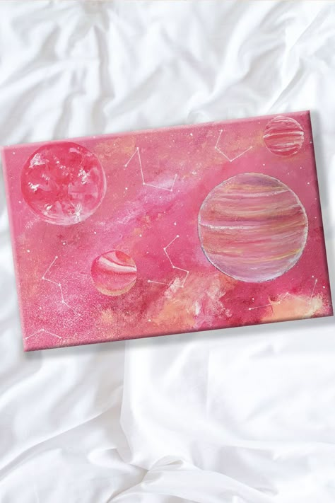 Galaxy Painting Tutorial, Painting Idea For Beginners, Pink Planet, Planet Painting, Pink Drawing, Pink Canvas Art, Pink Galaxy, Small Canvas Paintings, Planets Art