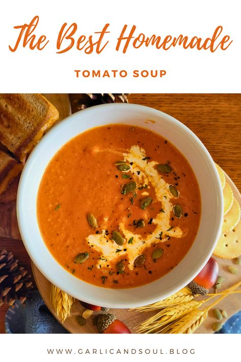 Try this flavorful, warm homemade tomato soup made from scratch! Pair with a delicious grilled cheese sandwich or a fresh salad. Fresh Homemade Tomato Soup, Homemade Tomato Soup And Grilled Cheese, Diy Tomato Soup Easy Recipes, Quick Homemade Tomato Soup, Tomato Soup Crushed Tomatoes, Tomatoe Soup Homemade Fresh, Cream Of Tomato Soup Homemade, Homemade Tomato Soup Crockpot, Homemade Tomatoes Soup