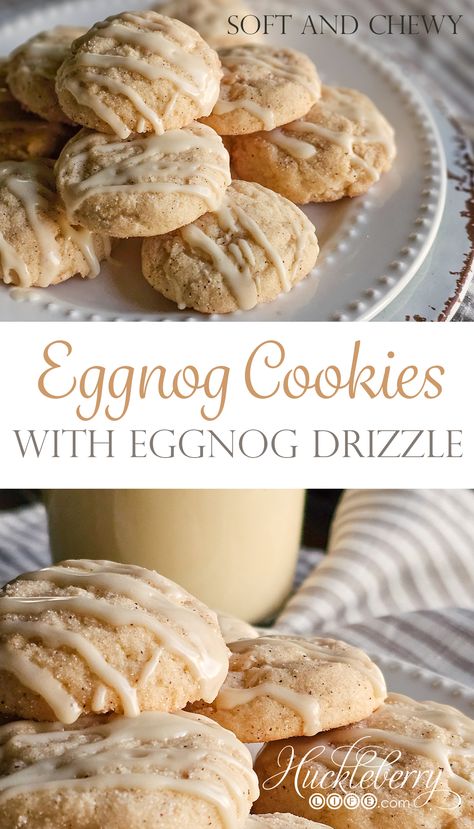 BEST EVER EGGNOG COOKIES: with eggnog drizzle - HUCKLEBERRY LIFE Eggnog Christmas Cookies, Eggnog Cookies Christmas, Eggnog Shortbread Cookies, Eggnog Meltaway Cookies, Eggnog Sugar Cookies, Eggnog Cookies Recipe, Egg Nog Cookies, Egg Nog Cookies Recipe, Eggnog Glaze