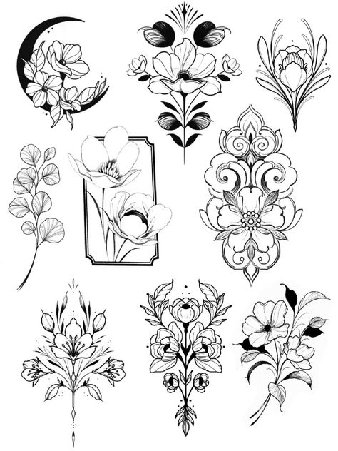 Floral Tattoo Leg, Fantasy Tattoo Sleeve, Art Nouveau Tattoo Flower, Flower Drawing Tattoo, Tiny Tattoo Designs, Tattoo Bee, Tattoo Portfolio Ideas, Tattoo Flash Ideas, Designs Doodles