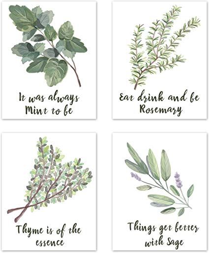 Amazon.com: A LuxeHome Wall Art Home Prints Signs Room Decor - for Kitchen and Dining Decorations - Botanical Herbs Spices Plant (Set of 4) Unframed 8 x 10 inches Green: Posters & Prints Plant Store Ideas, Crystals Zodiac Signs, Herb Puns, Signs Room Decor, Upcycle Kitchen, Plant Humor, Garden Puns, Green Kitchen Walls, Green Kitchen Accessories