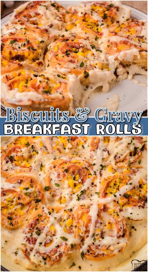 BISCUITS AND GRAVY BREAKFAST ROLLS - Butter with a Side of Bread Biscuits And Gravy Breakfast, Breakfast Pinwheels, Biscuit Gravy, Easy Breakfast Treats, Eggs And Cheese, Breakfast Slider, Kid Approved Meals, Favorite Breakfast Recipes, Breakfast Rolls