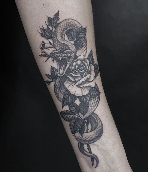 Snake And Rose Tattoo Men, Black Ink Rose Tattoo, Snake Cover Up Tattoos For Women, Snake And Rose Tattoo Design, Rose And Snake Tattoo Design, Forearm Cover Up Tattoos For Women, Rose And Snake Tattoo, Snake Forearm Tattoo, Snake Rose Tattoo