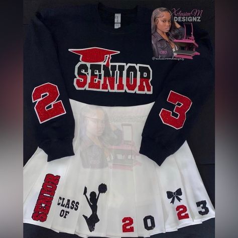 Custom Senior set😍😍❤️🖤🤍) Senior Night Cheer Outfits, Custom Senior Outfits, Senior Skirt Set, Senior Skirt, Homecoming Jeans Ideas, Homecoming Jeans, Senior Year Planning, Senior Outfit Ideas, Senior Outfits