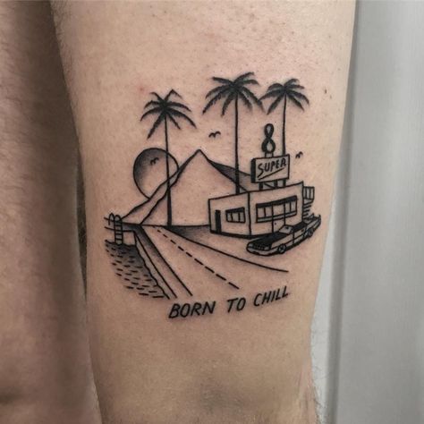 Tattoo by xgusakx #xgusakx #landscapetattoos #linework #blackwork #text #quote #chill #motel #hotel #car #swimmingpool #mountains #palmtrees #sun #travel #road Hotel California Tattoo, Chill Tattoo Ideas, Road Tattoo Design, Road Trip Tattoo, Roadtrip Tattoo, Hotel Tattoo, Chill Tattoo, Road Tattoo, Forearm Band Tattoos