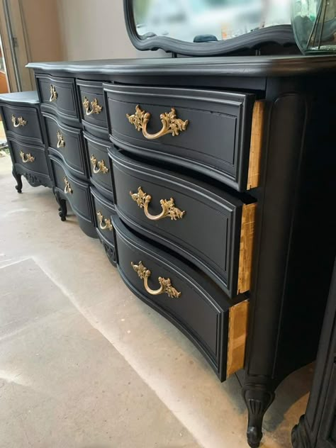 Black Dresser Tv Stand, Matte Black French Provincial Dresser, Black French Dresser, Black French Furniture, Black Painted Antique Dresser, Black And Gold Dresser Diy, Queen Anne Dresser Makeover, Black Refurbished Dresser, Black French Provincial Furniture