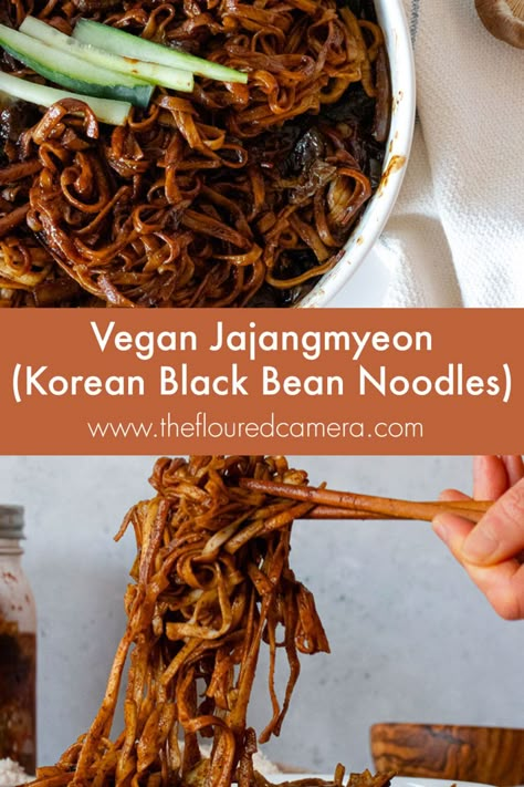 Vegan Jajangmyeon, Vegan Korean Food, Black Bean Noodles, Bean Noodles, Korean Recipes, Shiitake Mushrooms, Korean Dishes, Savory Vegan, Cooked Vegetables