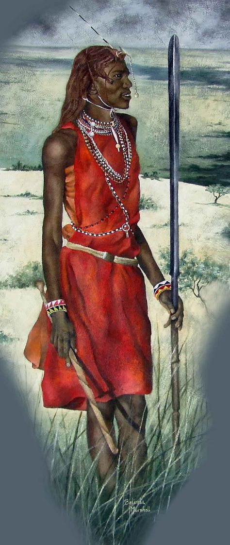 Masai warrior oil painting. Set against a backdrop of a typical view of Kenya, the warrior supports a traditional hairstyle in red ochre along with the typical red and orange fabrics, intricate jewellery and beadwork associated with this tribe. Included are the spear and carved wooden weapons used for hunting. #belindamarshallart #oilpainting #africanartwork #portraitpainting #paintingcommission Masai Warrior Art, Masai Art Painting, Masai Tribe Art, African Artwork Traditional, Africa Drawing, Masai Tribe, African Drawings, Warrior Paint, Africa Painting