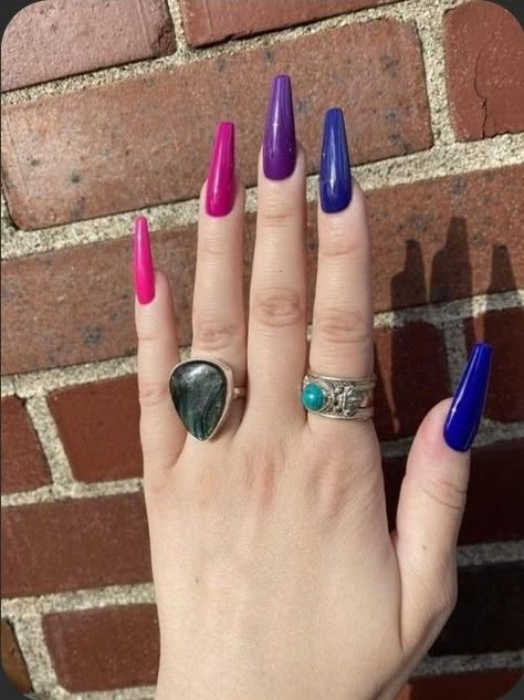 Ombre Nail Inspo Coffin, Pink Purple And Red Nails, Multi Color Purple Nails, Nail Designs Sunset, Jewel Tones Nails, Pink Blue And Purple Nails, Pink Purple Blue Nails, Color Gradient Nails, Hot Purple Nails